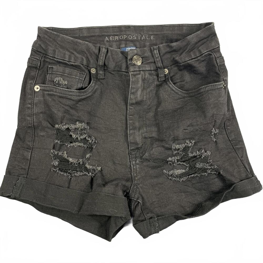 Aéropostale Womens Size 4 High Rise Curvy Midi Distressed Black Denim Shorts
